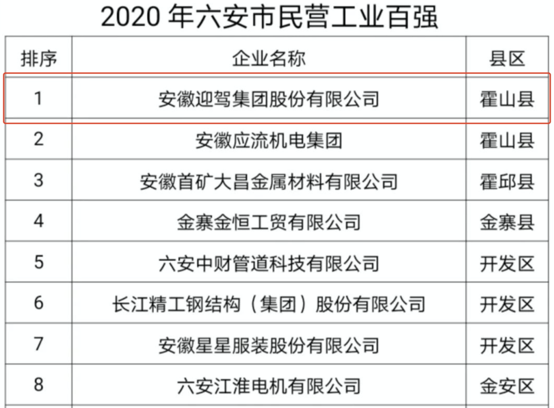 迎驾集团荣登六安民营企业百强榜首