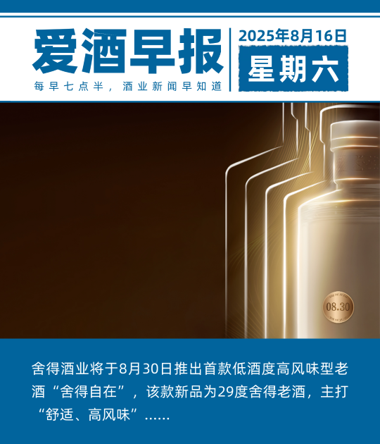 爱酒早报：舍得酒业将于8月30日推出首款低酒度高风味型老酒“舍得自在”