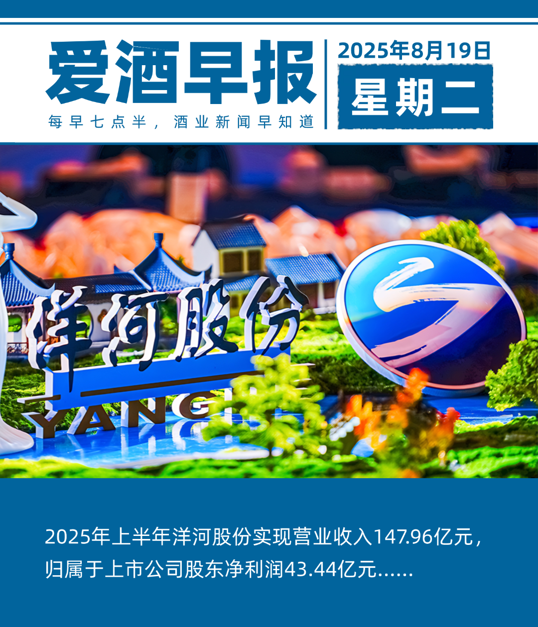 爱酒早报：2025年上半年洋河股份实现营业收入147.96亿元，归属于上市公司股东净利润43.44亿元