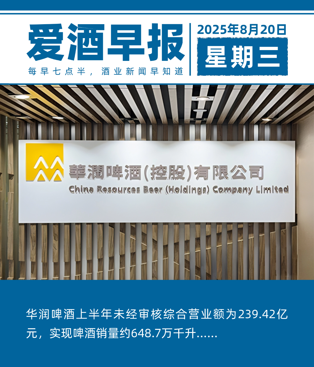爱酒早报：华润啤酒上半年未经审核综合营业额为239.42亿元，实现啤酒销量约648.7万千升