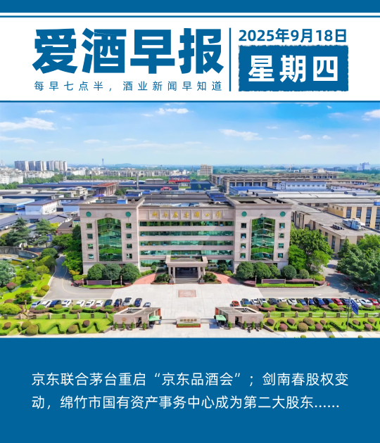 爱酒早报：京东联合茅台重启“京东品酒会”；剑南春股权变动，绵竹市国有资产事务中心成为第二大股东